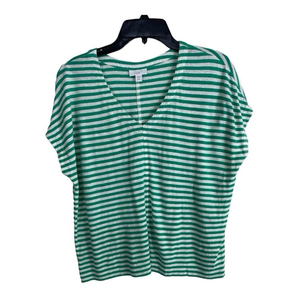 J Jill Women Shirt Small Petite Green White Stripes V Neck Linen Short Sleeve